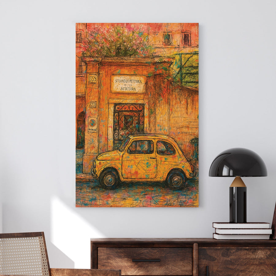 Italian street scene wall art with yellow Fiat parked by art studio
