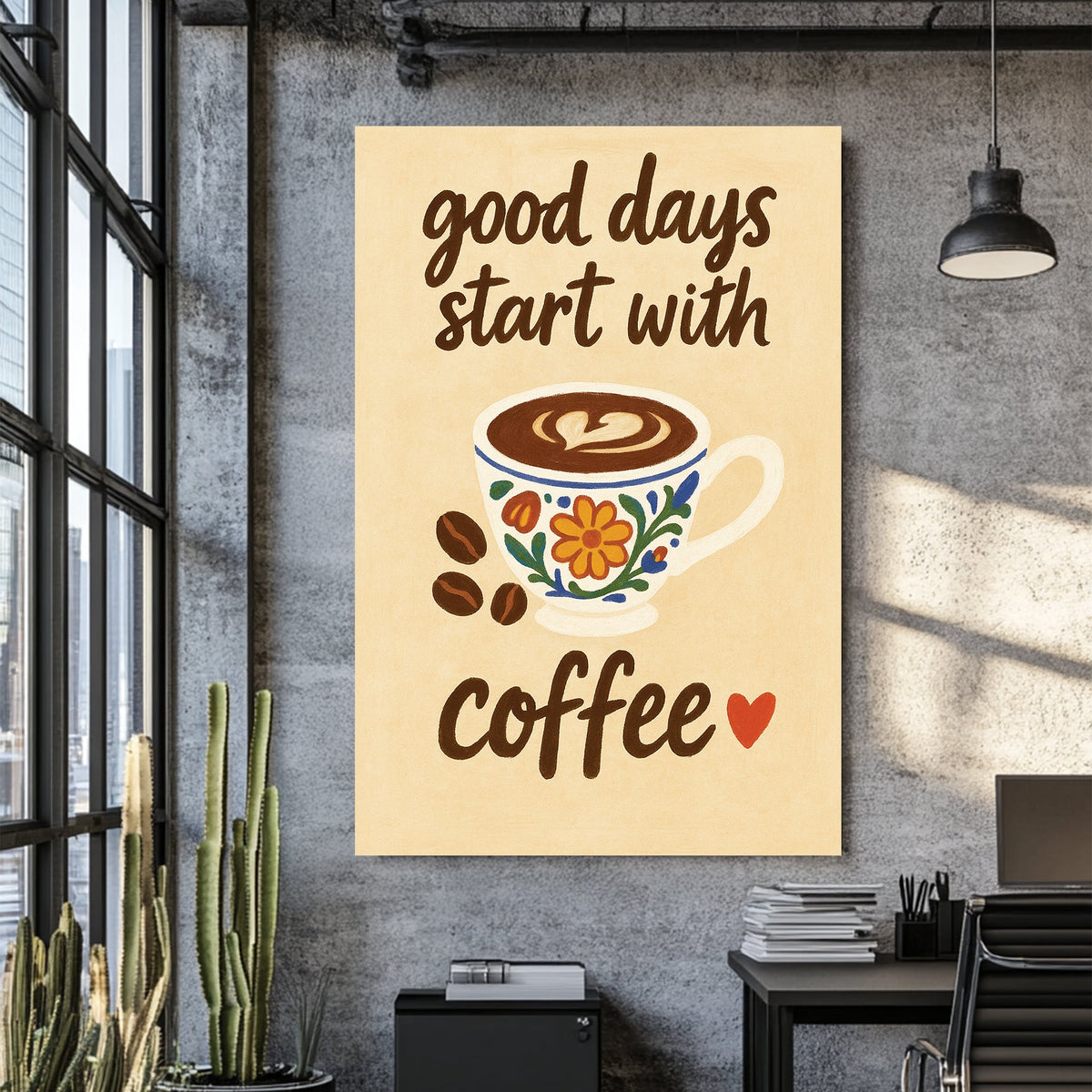 coffee-themed wall art with floral cup and motivational quote