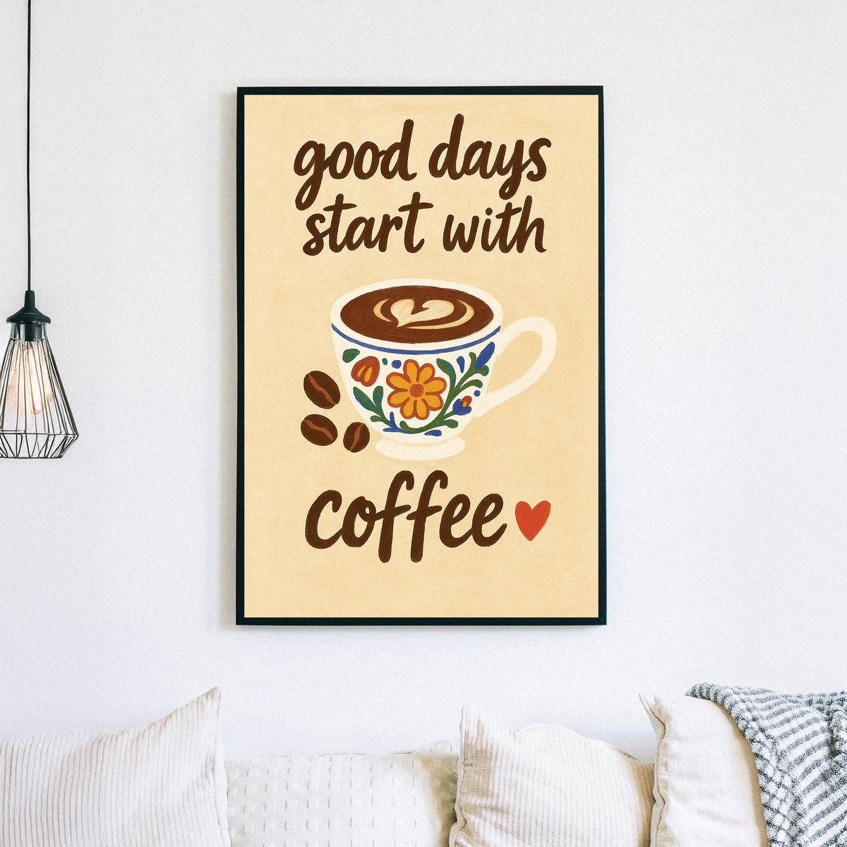 coffee-themed wall art with floral cup and motivational quote