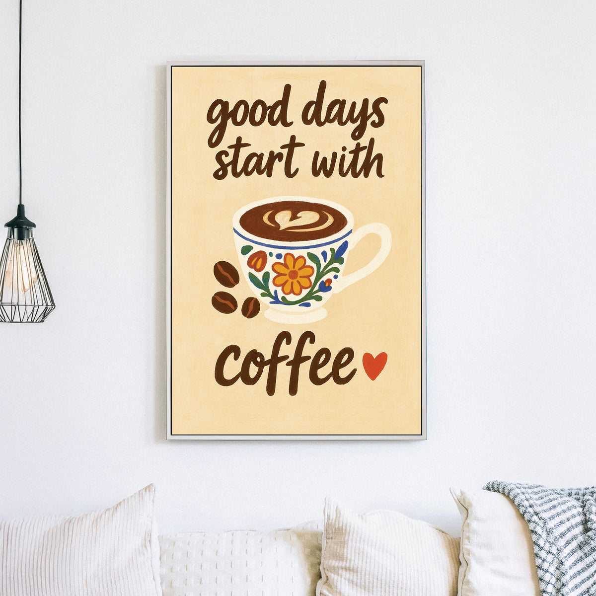 coffee-themed wall art with floral cup and motivational quote