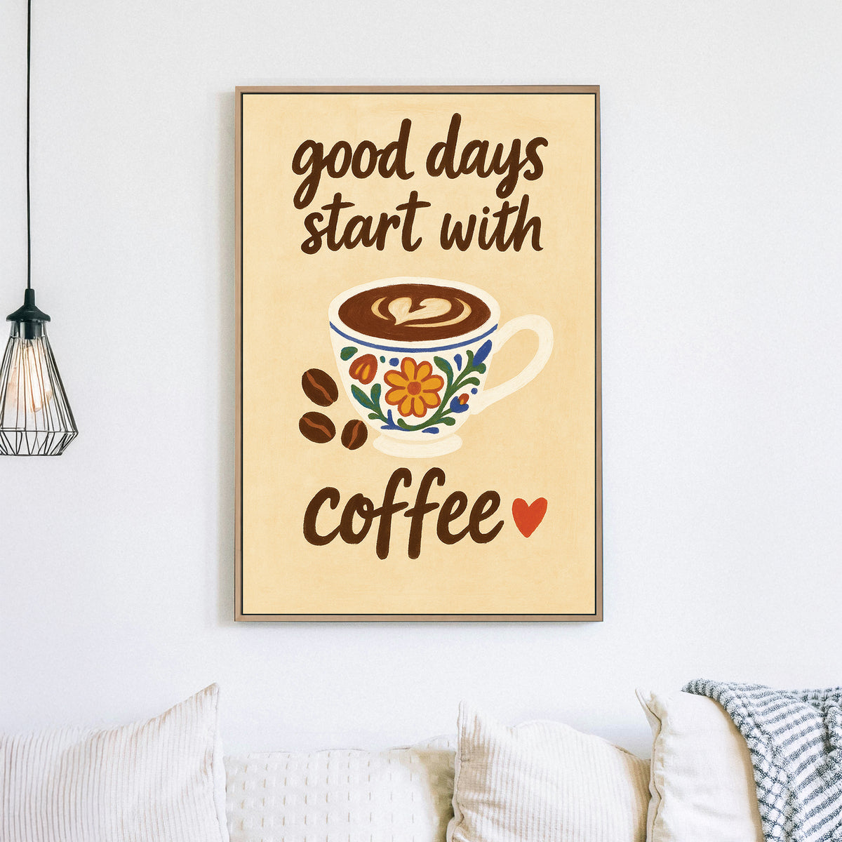 coffee-themed wall art with floral cup and motivational quote