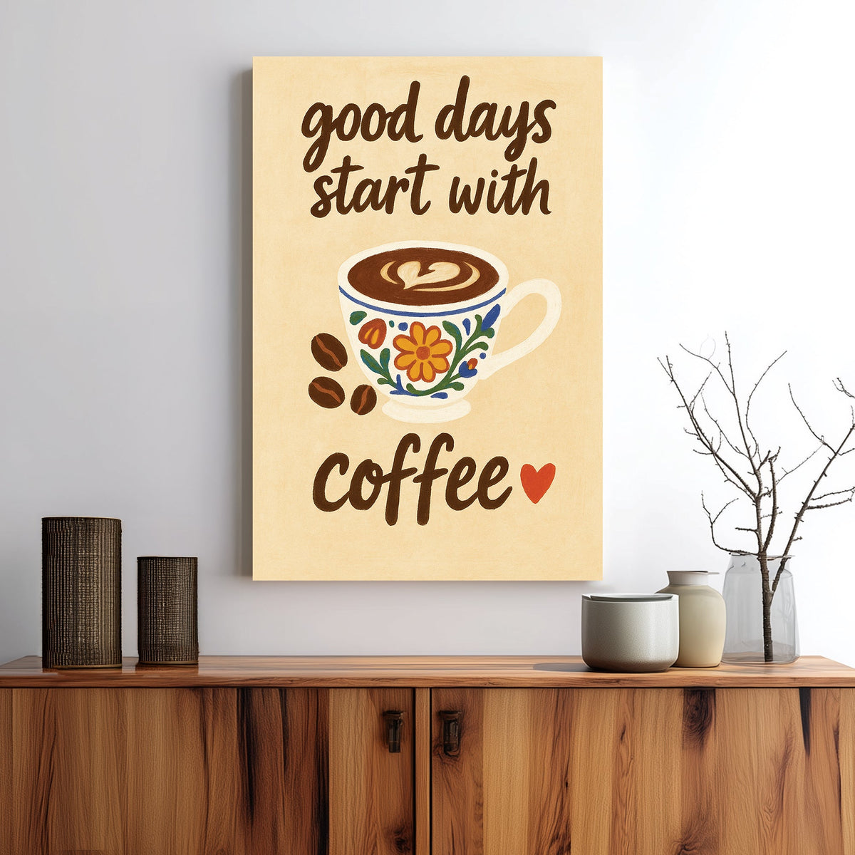 coffee-themed wall art with floral cup and motivational quote