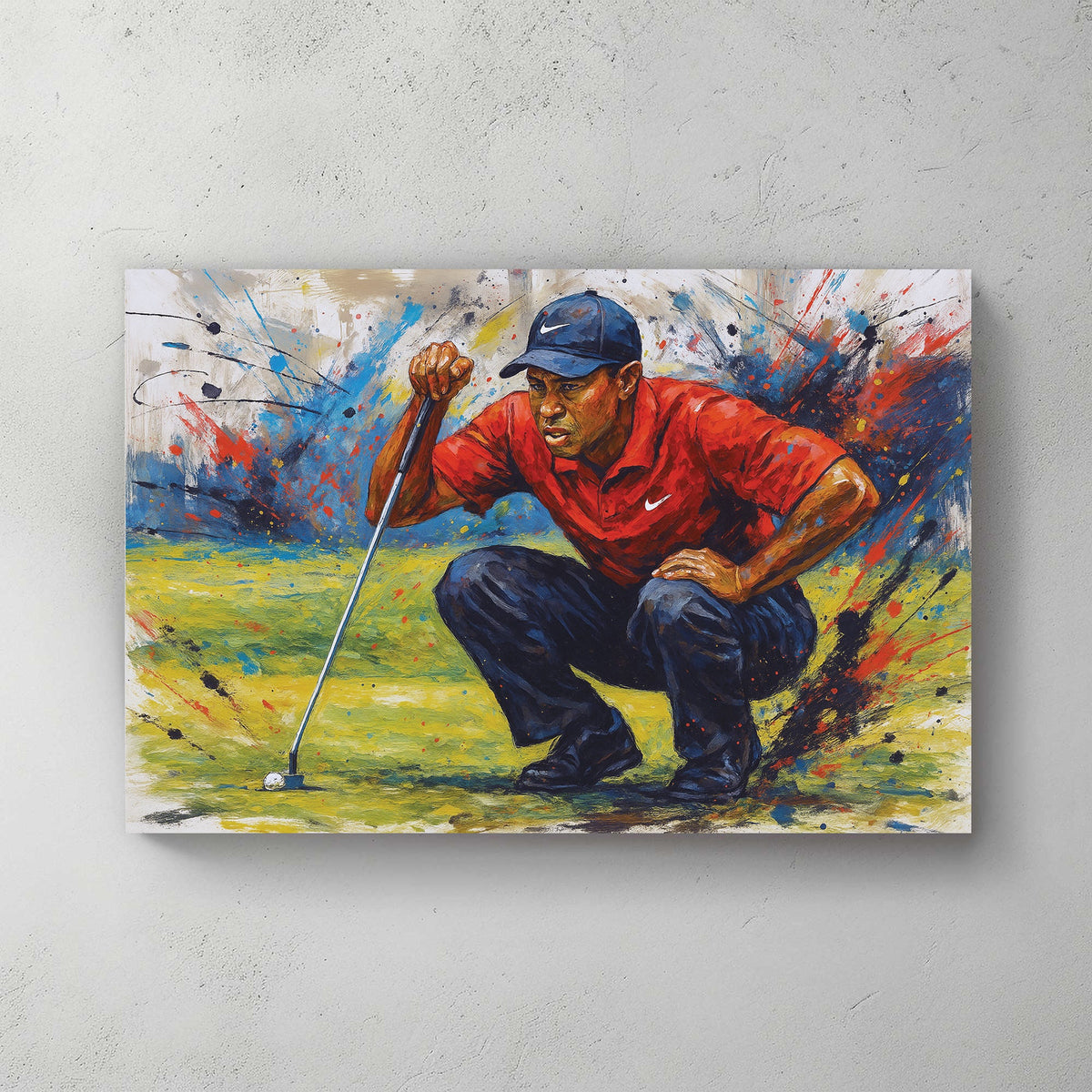 Tiger Woods golf wall art with abstract paint splatter style