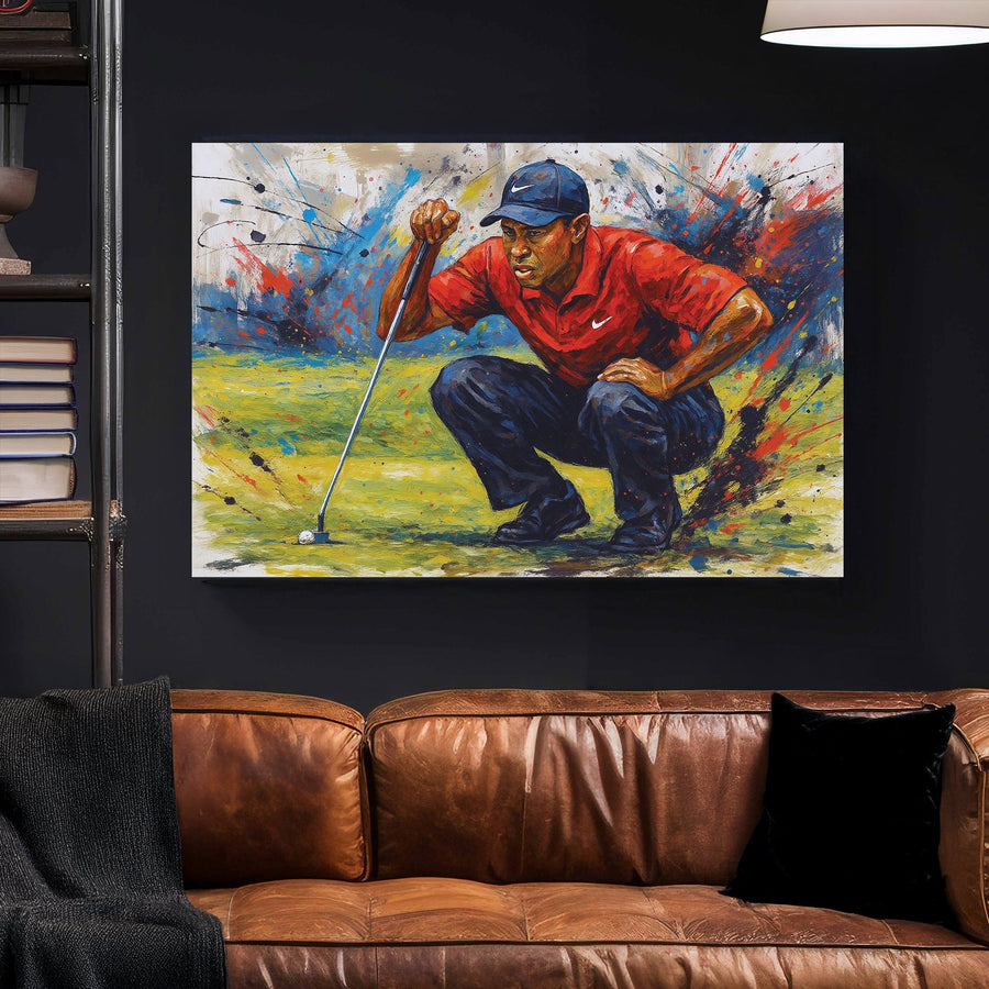 Tiger Woods golf wall art with abstract paint splatter style