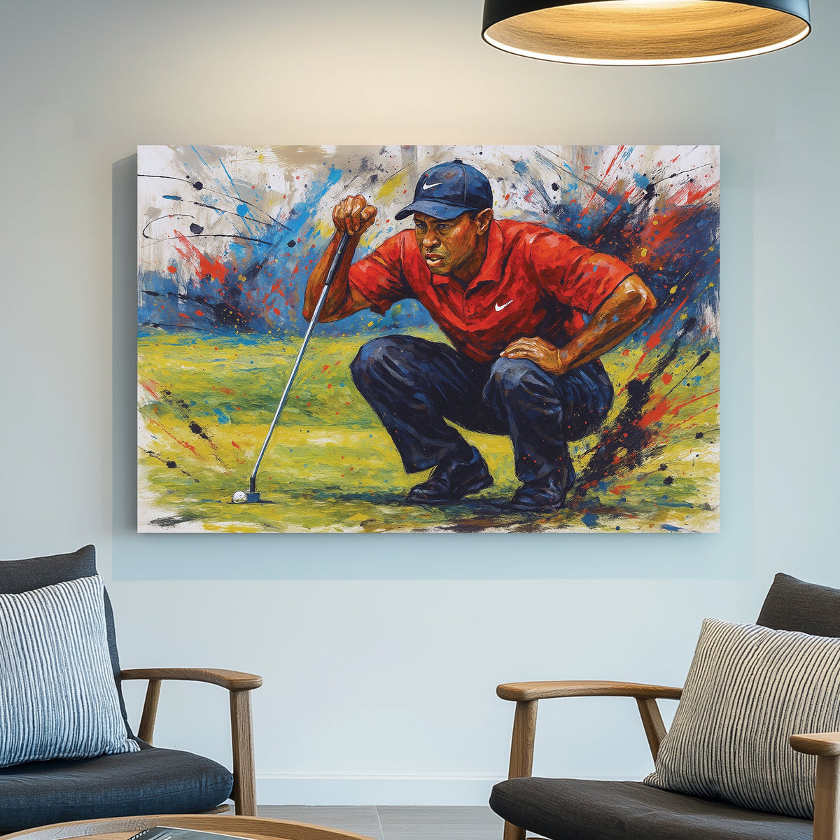 Tiger Woods golf wall art with abstract paint splatter style