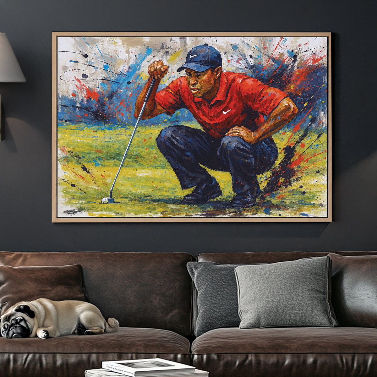 Tiger Woods golf wall art with abstract paint splatter style