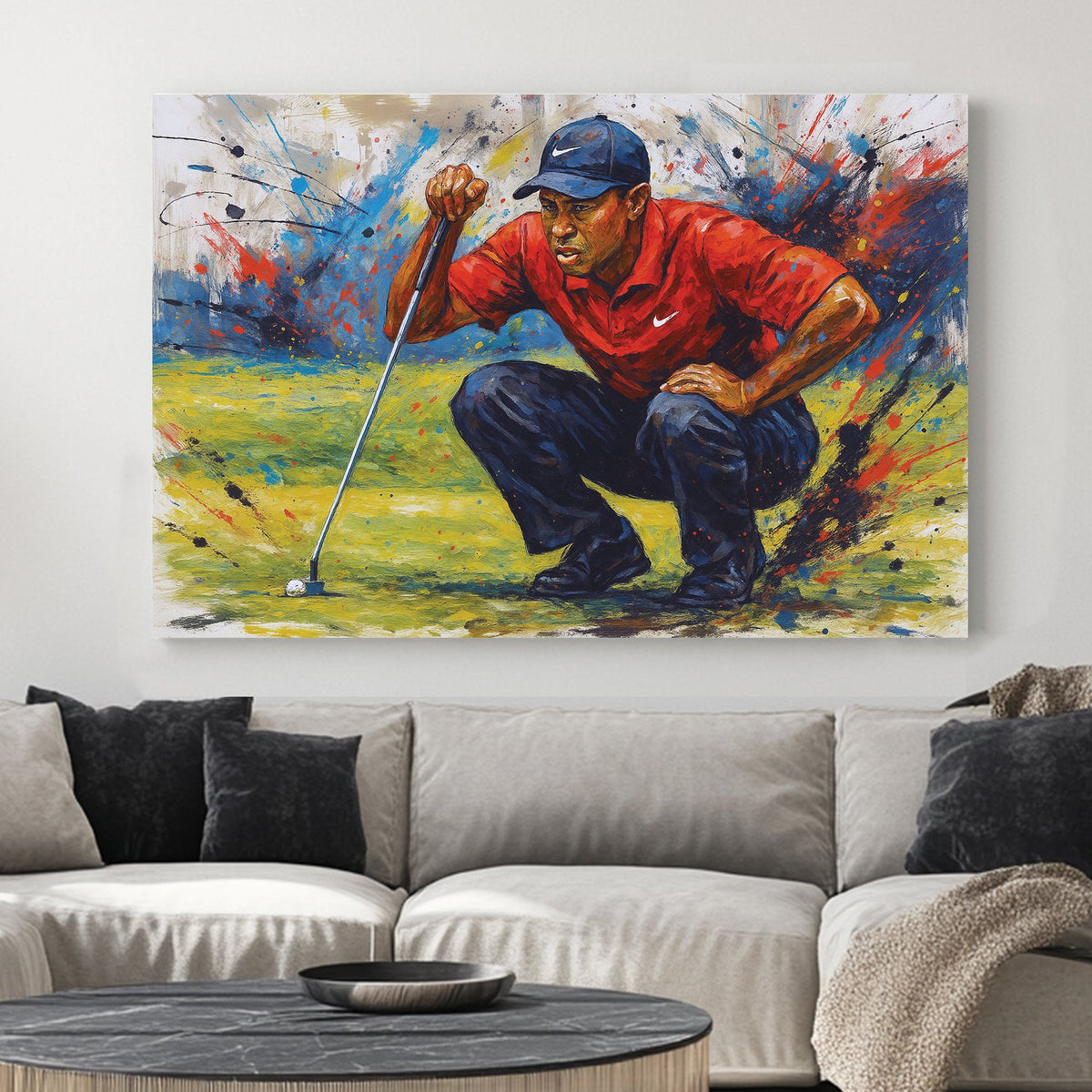 Tiger Woods golf wall art with abstract paint splatter style