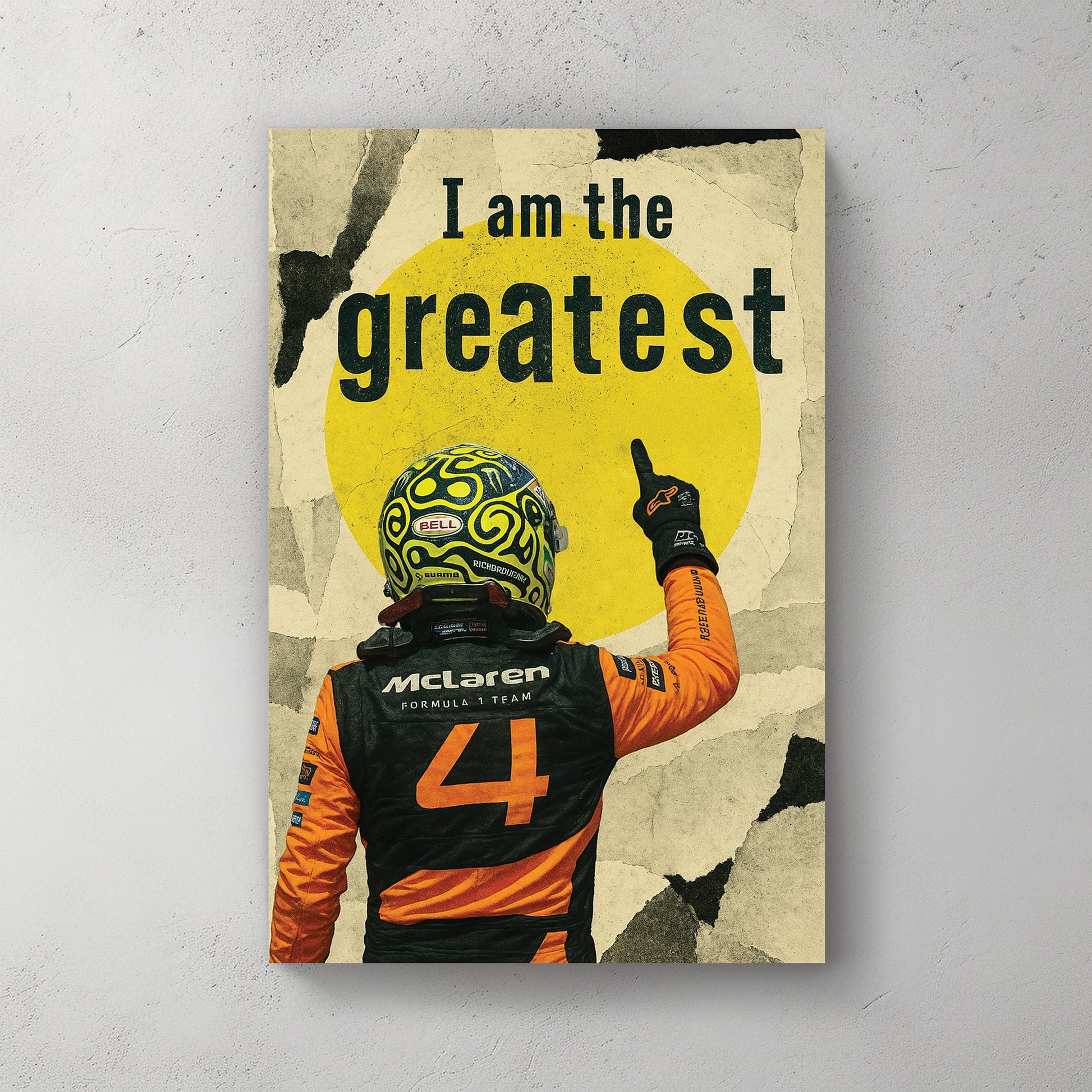 Lando Norris Mclaren Formula 1 racing wall art with bold quote and yellow background