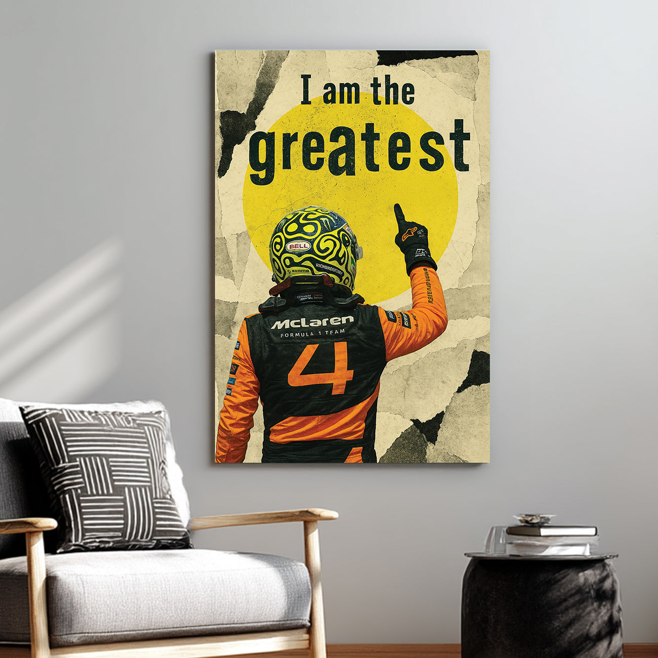 Lando Norris Mclaren Formula 1 racing wall art with bold quote and yellow background