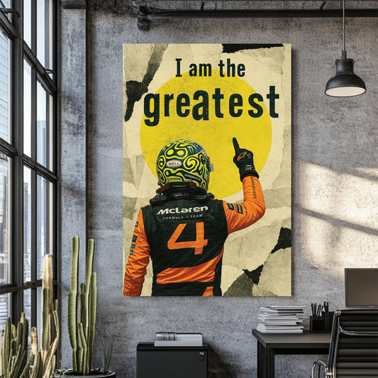 Lando Norris Mclaren Formula 1 racing wall art with bold quote and yellow background