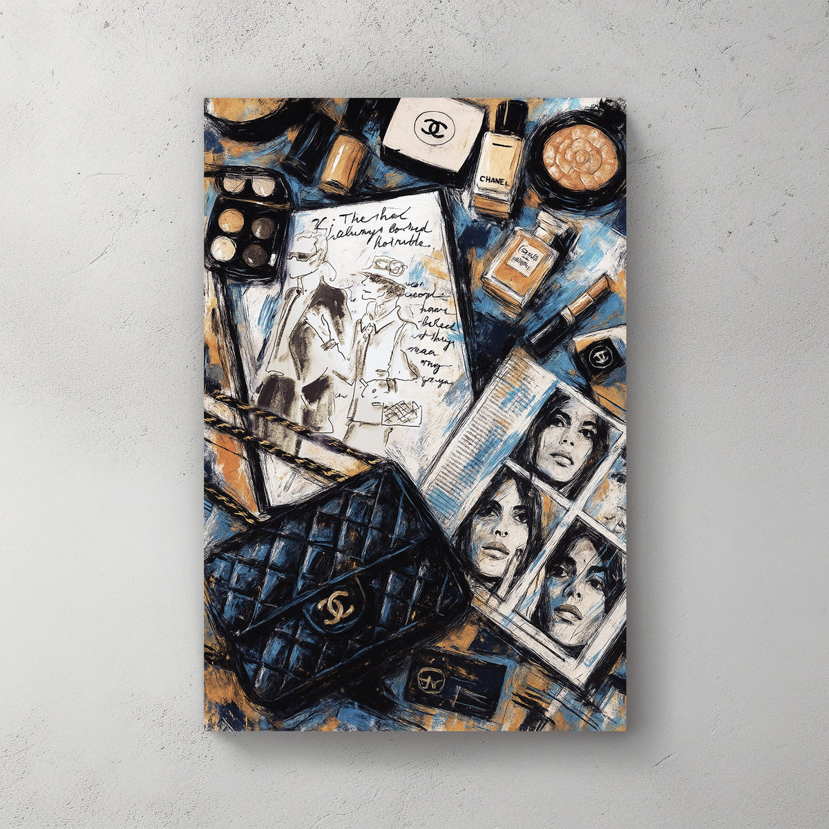 fashion-themed Chanel-inspired wall art with makeup, sketches, and editorial collage