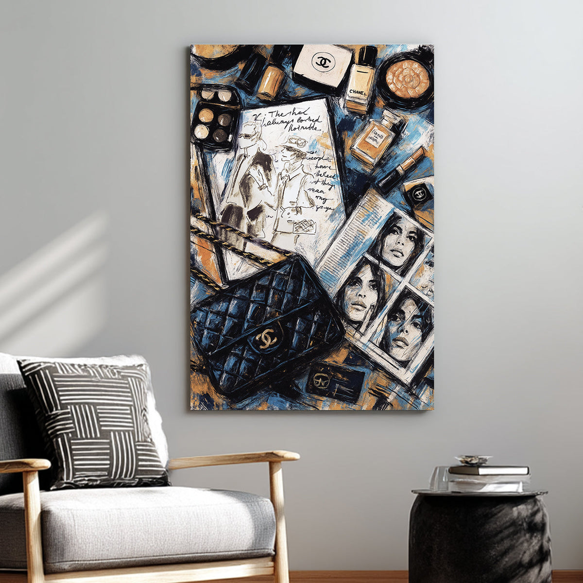 fashion-themed Chanel-inspired wall art with makeup, sketches, and editorial collage