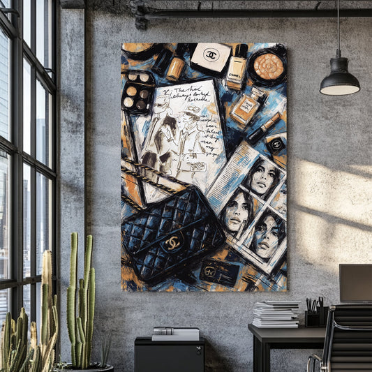 fashion-themed Chanel-inspired wall art with makeup, sketches, and editorial collage