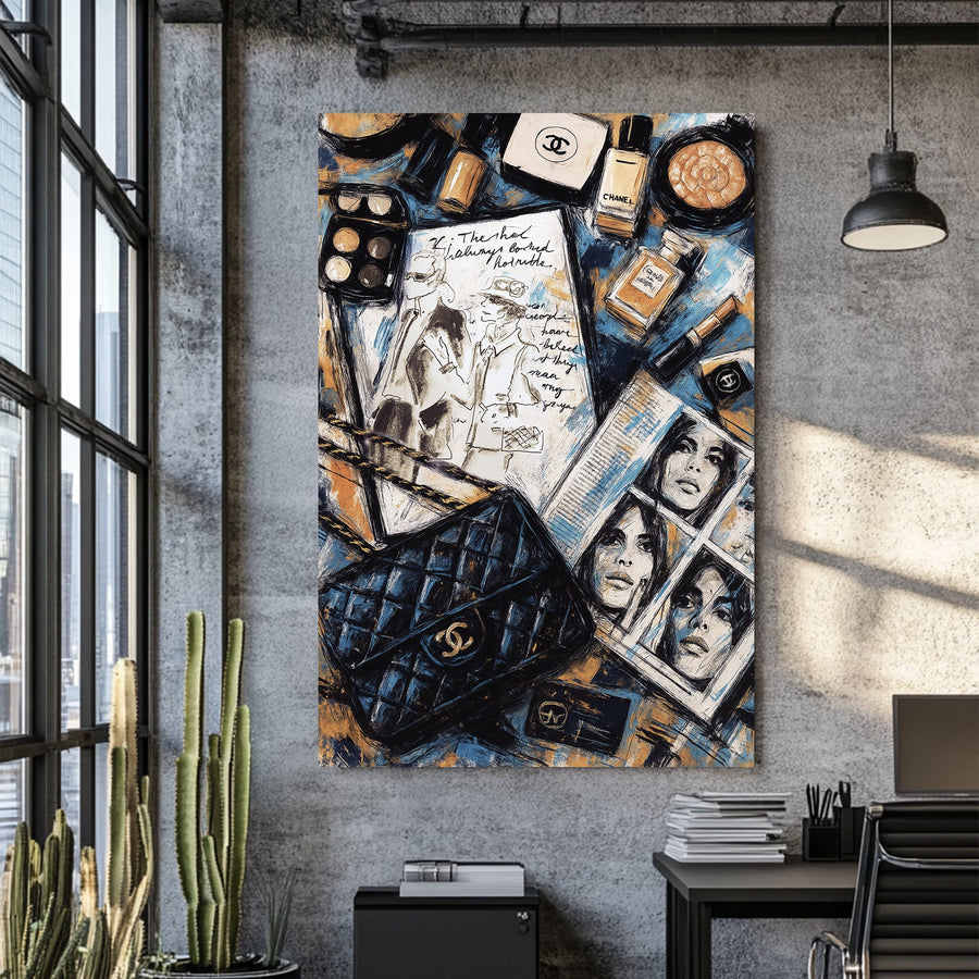 fashion-themed Chanel-inspired wall art with makeup, sketches, and editorial collage