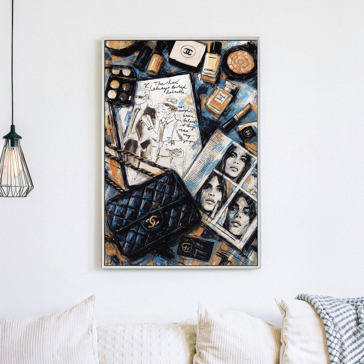 fashion-themed Chanel-inspired wall art with makeup, sketches, and editorial collage