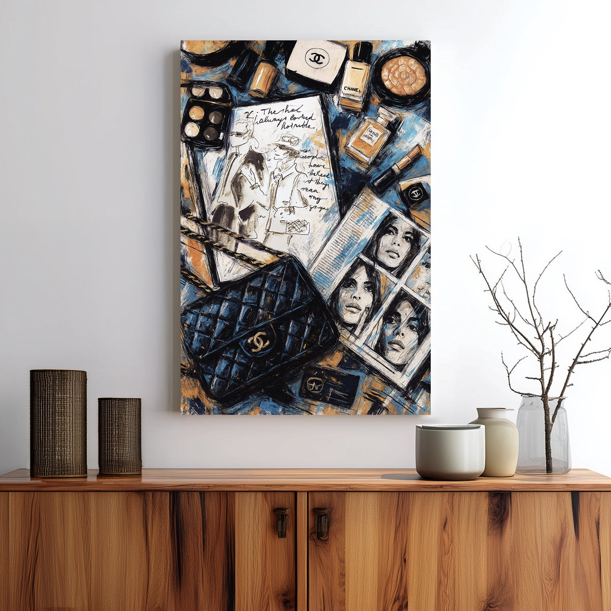 fashion-themed Chanel-inspired wall art with makeup, sketches, and editorial collage