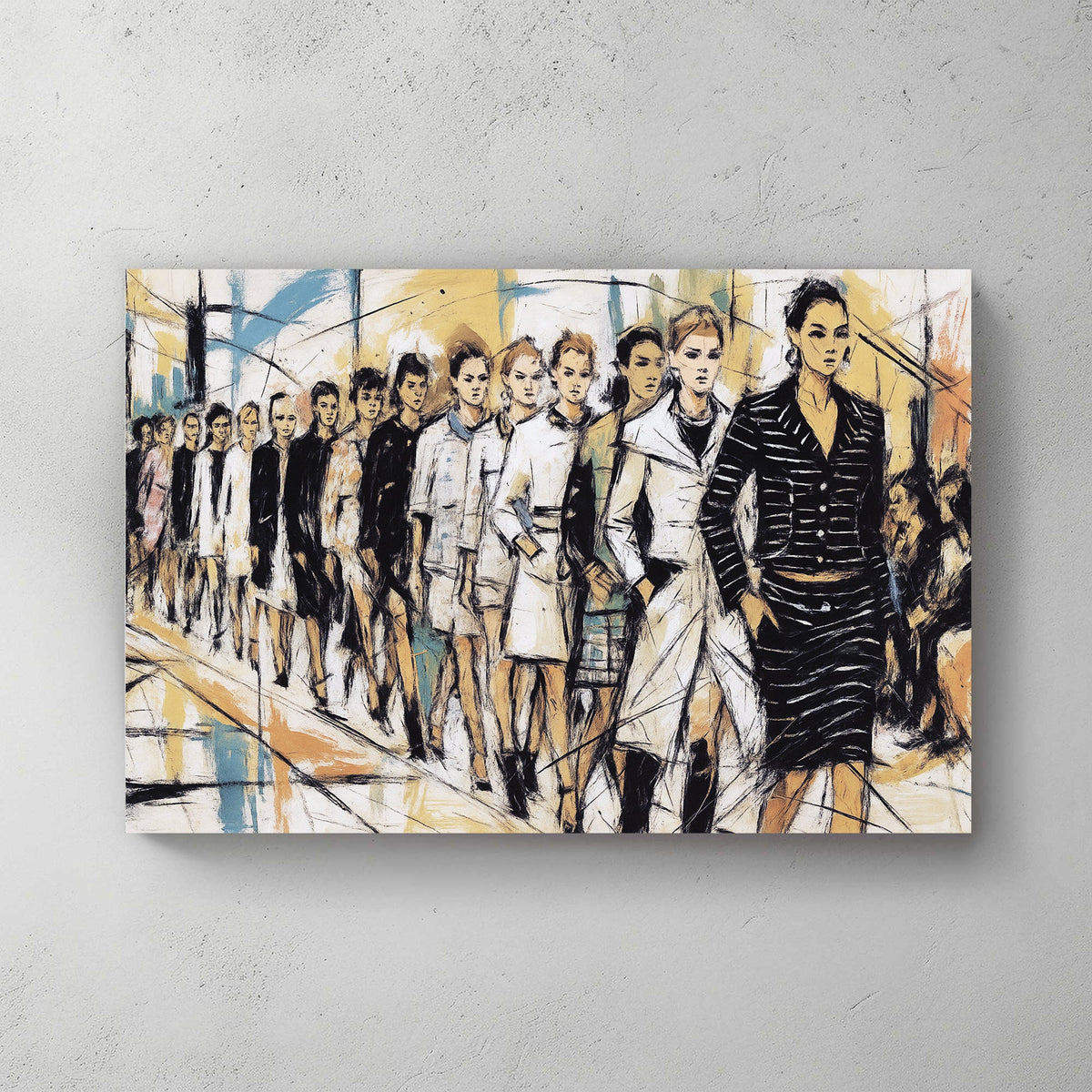 fashion runway wall art with hand-drawn models walking in a line