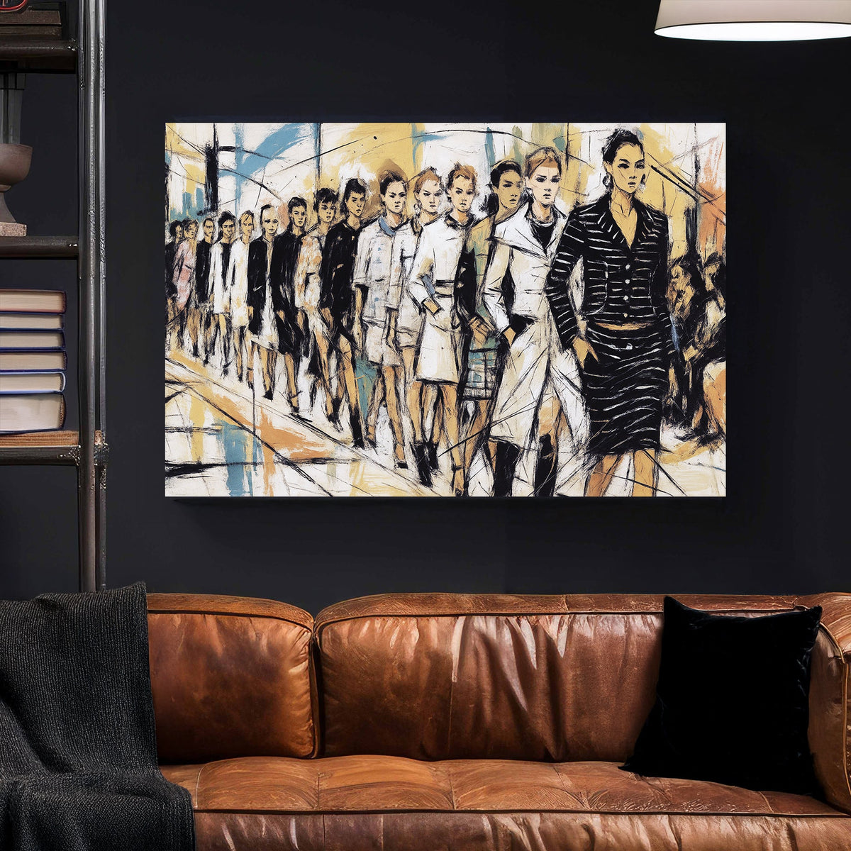 fashion runway wall art with hand-drawn models walking in a line