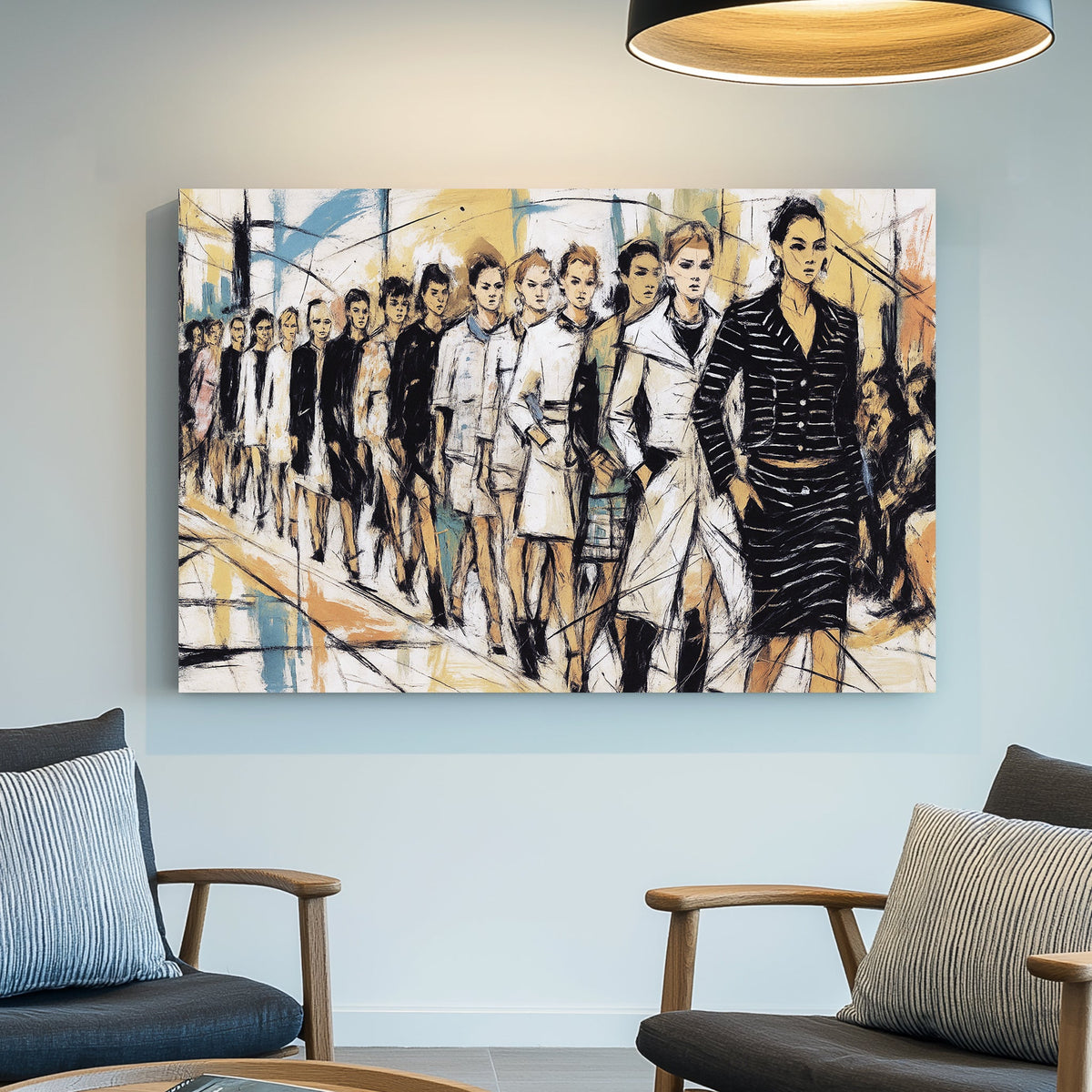 fashion runway wall art with hand-drawn models walking in a line