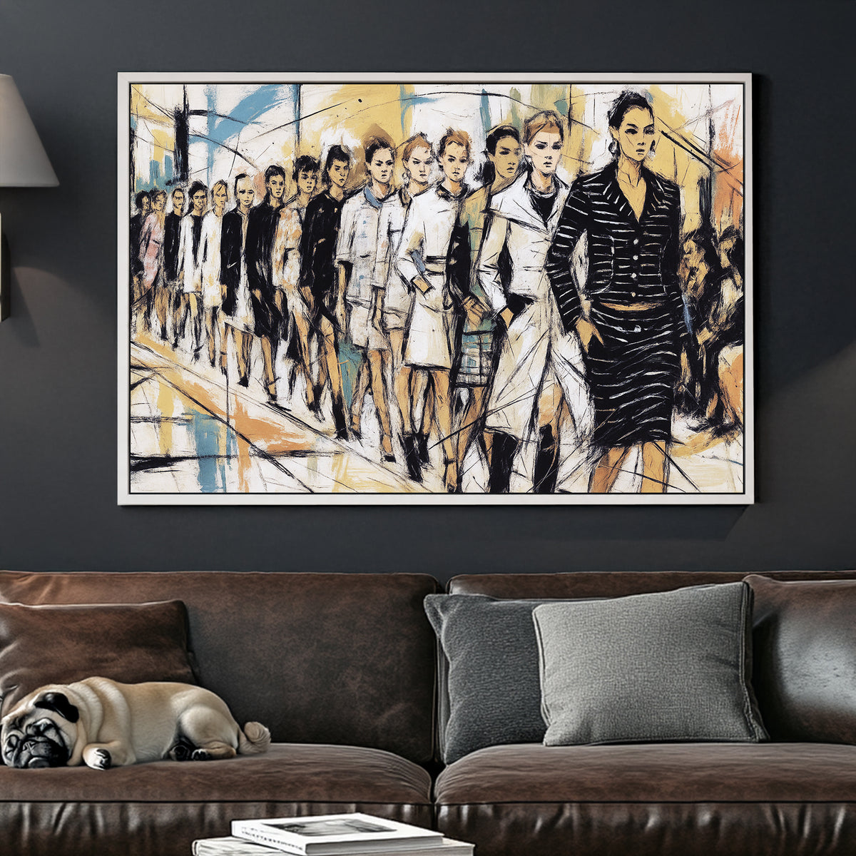 fashion runway wall art with hand-drawn models walking in a line
