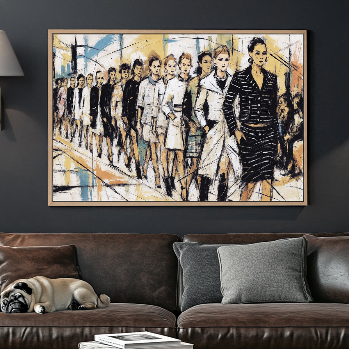 fashion runway wall art with hand-drawn models walking in a line