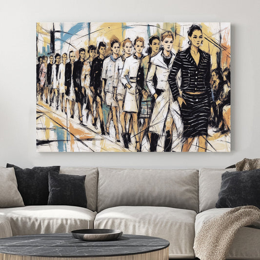 fashion runway wall art with hand-drawn models walking in a line