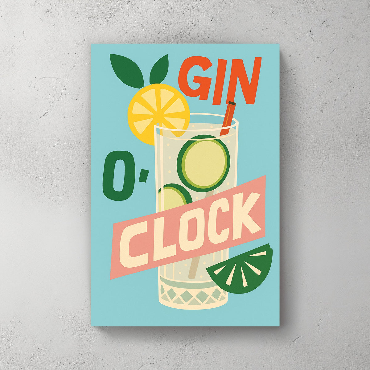 retro gin cocktail wall art with lemon, lime, and bold typography