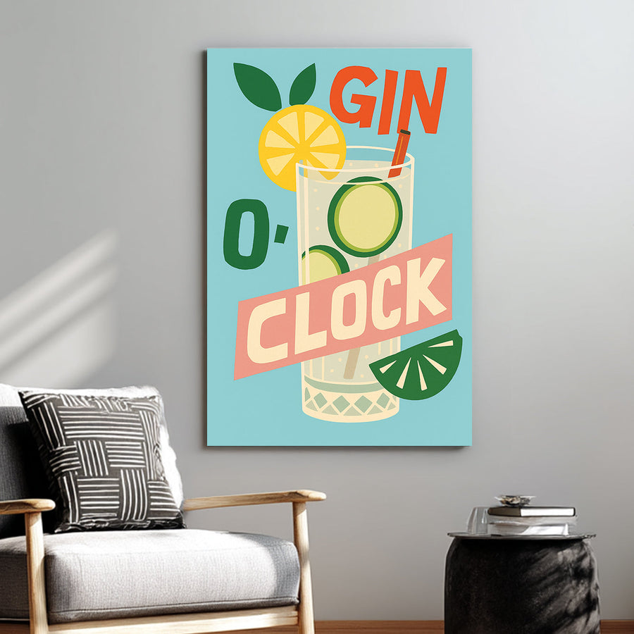retro gin cocktail wall art with lemon, lime, and bold typography