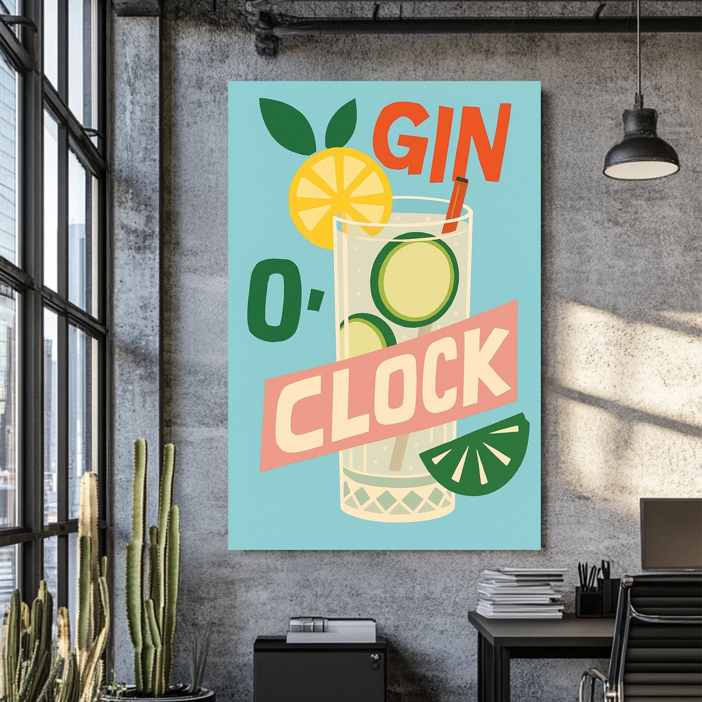 retro gin cocktail wall art with lemon, lime, and bold typography