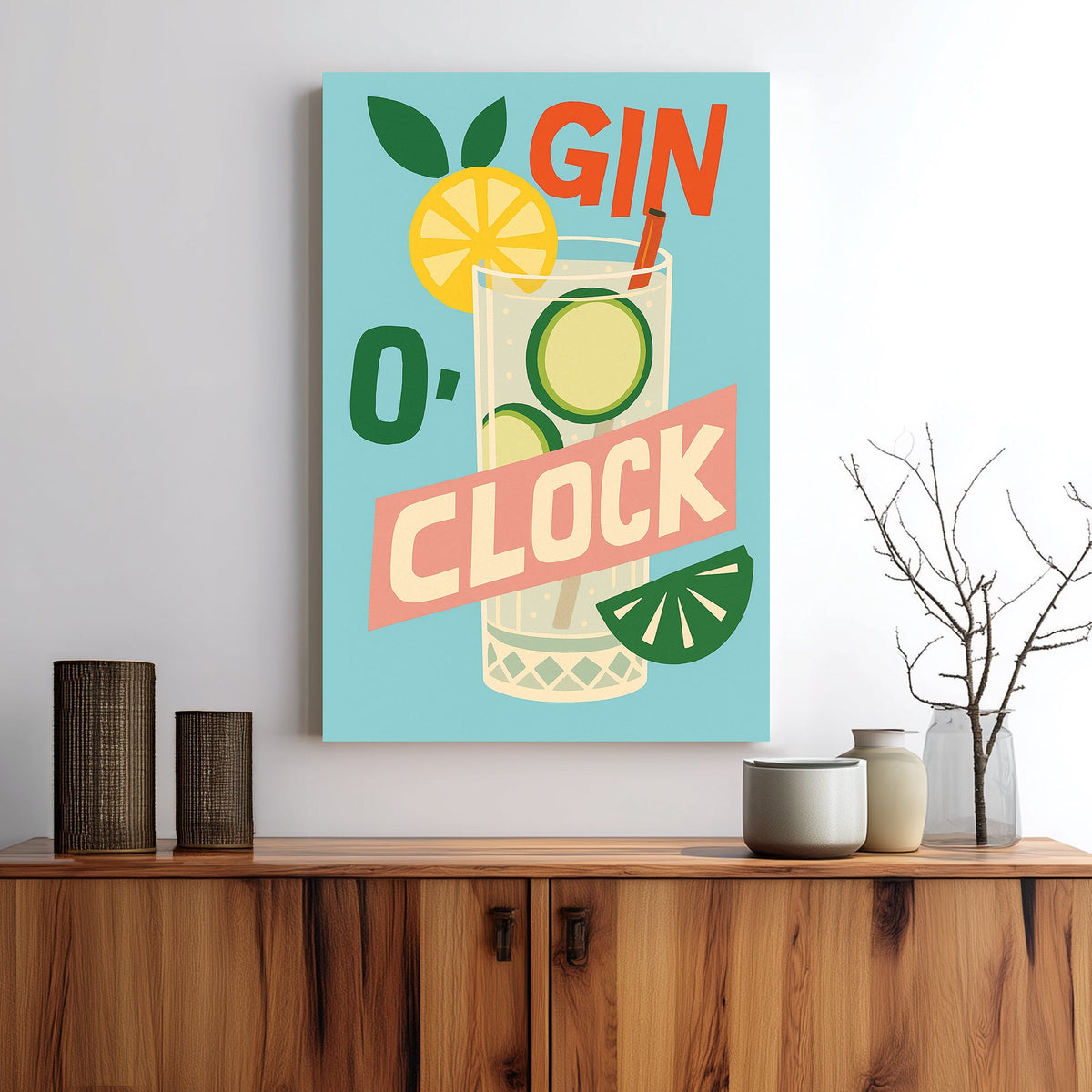 retro gin cocktail wall art with lemon, lime, and bold typography