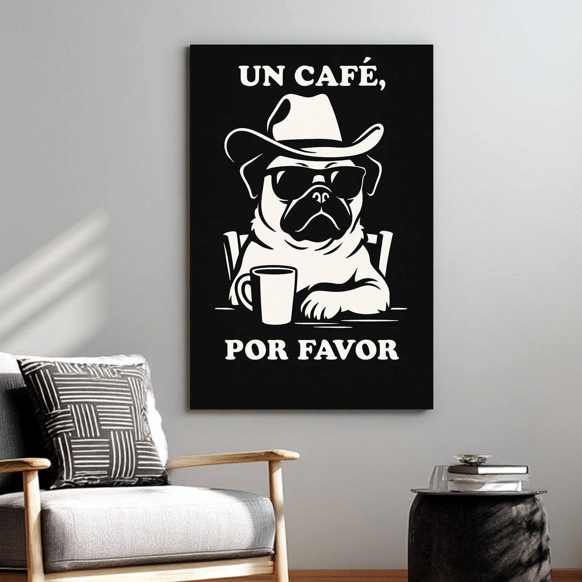 funny pug coffee wall art in black and white with Spanish text