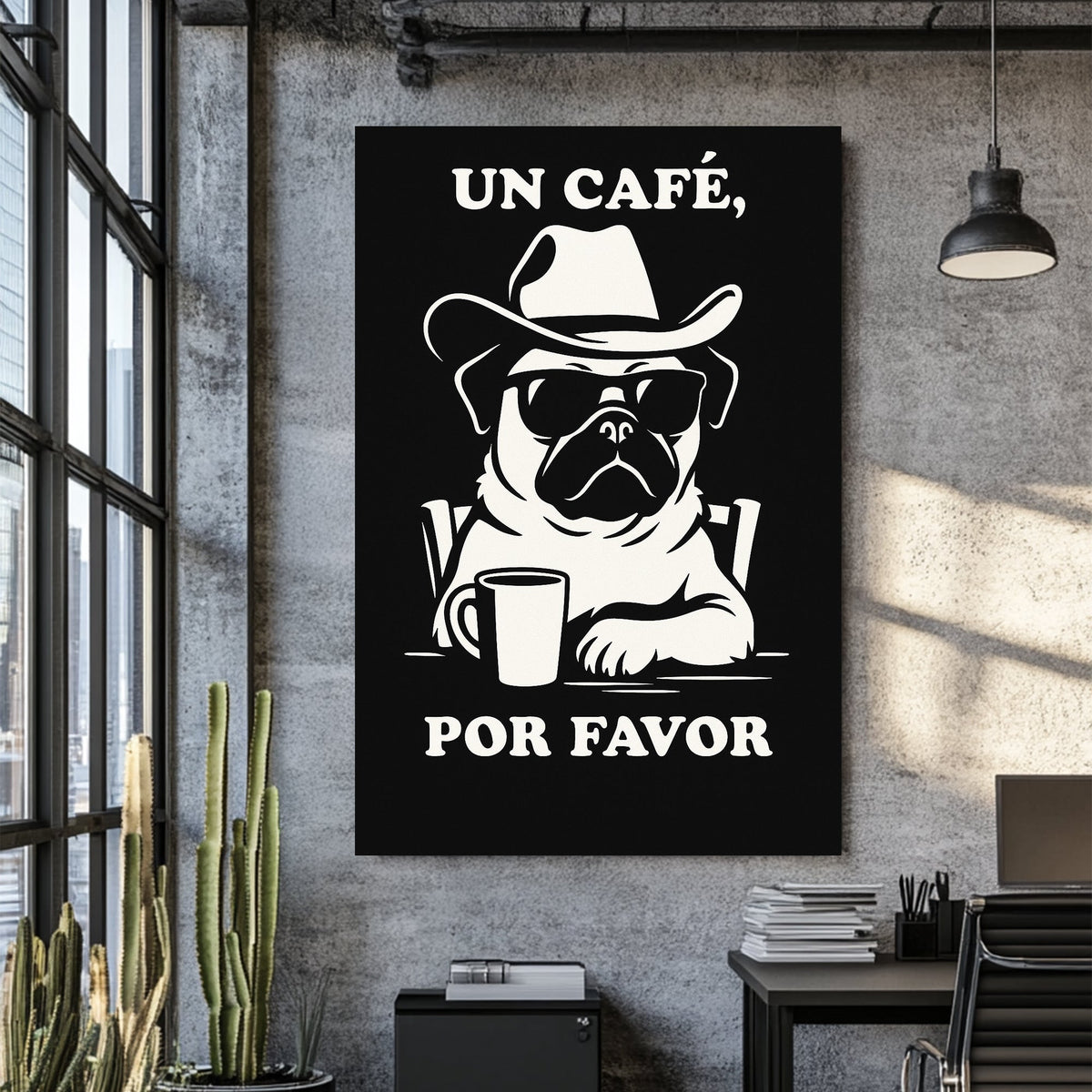 funny pug coffee wall art in black and white with Spanish text