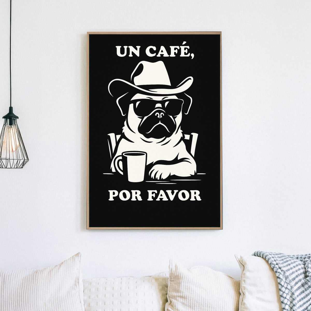 funny pug coffee wall art in black and white with Spanish text