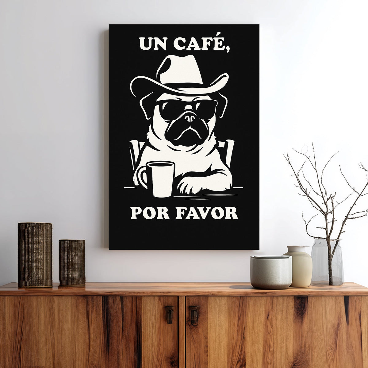 funny pug coffee wall art in black and white with Spanish text