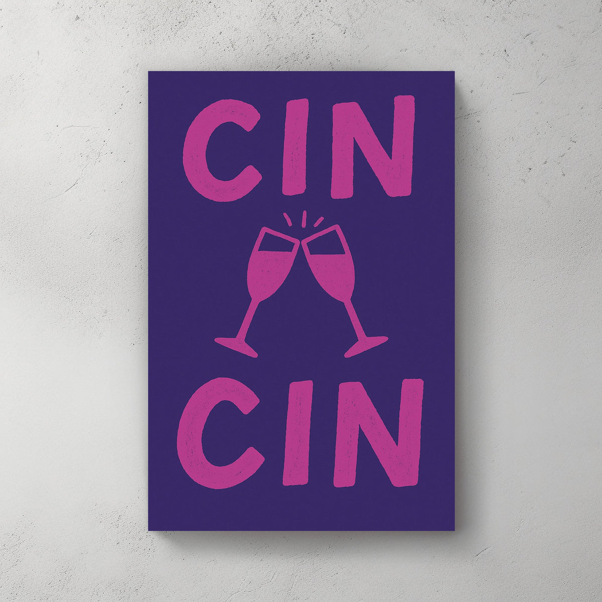 Cin Cin toast wall art with clinking glasses in pink and navy