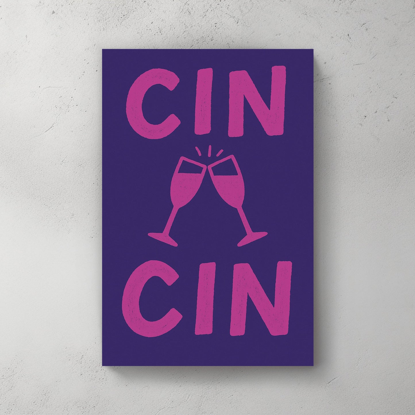 Cin Cin toast wall art with clinking glasses in pink and navy