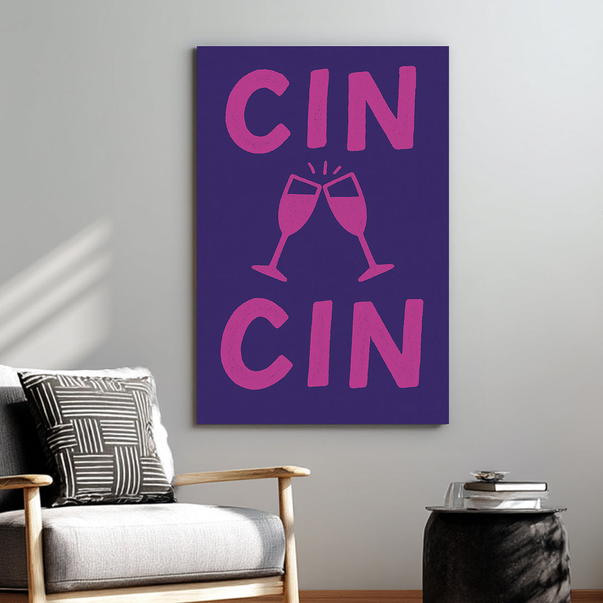 Cin Cin toast wall art with clinking glasses in pink and navy