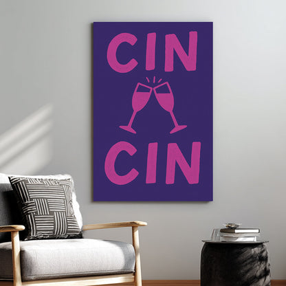 Cin Cin toast wall art with clinking glasses in pink and navy