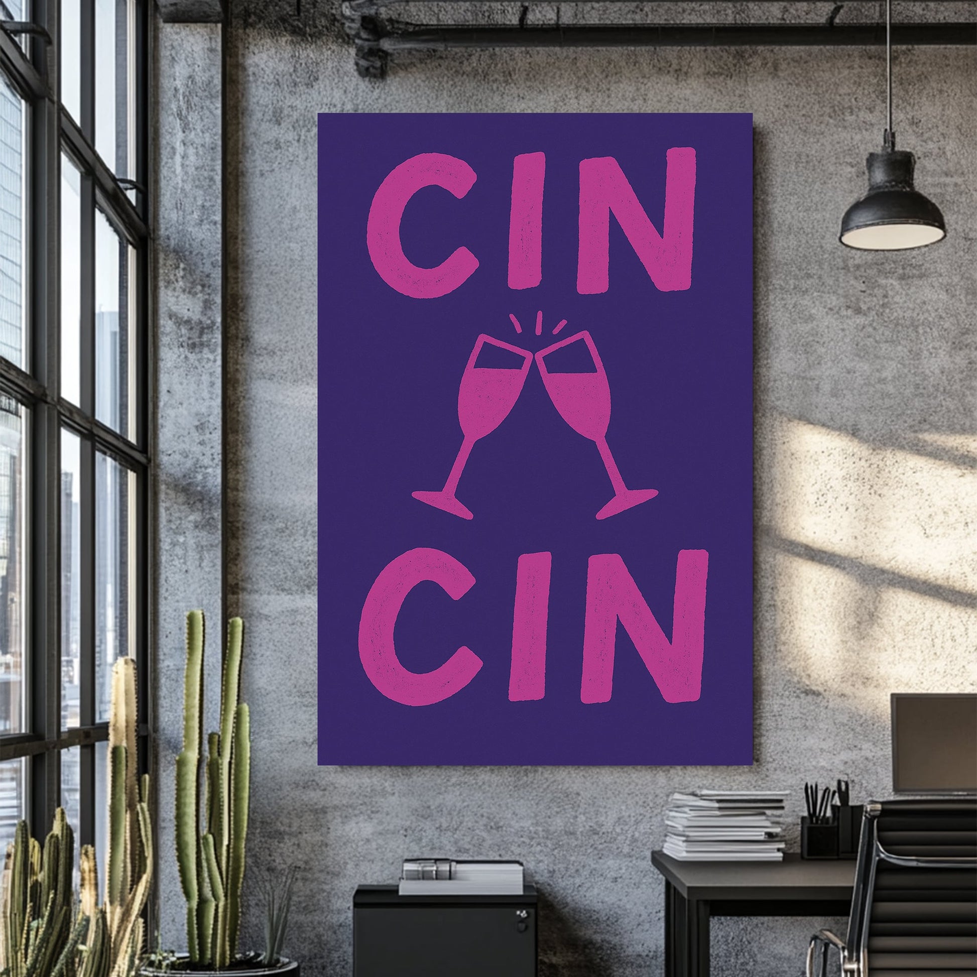 Cin Cin toast wall art with clinking glasses in pink and navy
