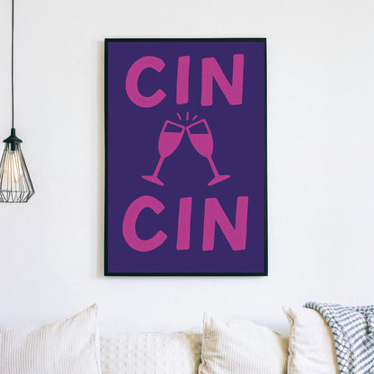 Cin Cin toast wall art with clinking glasses in pink and navy