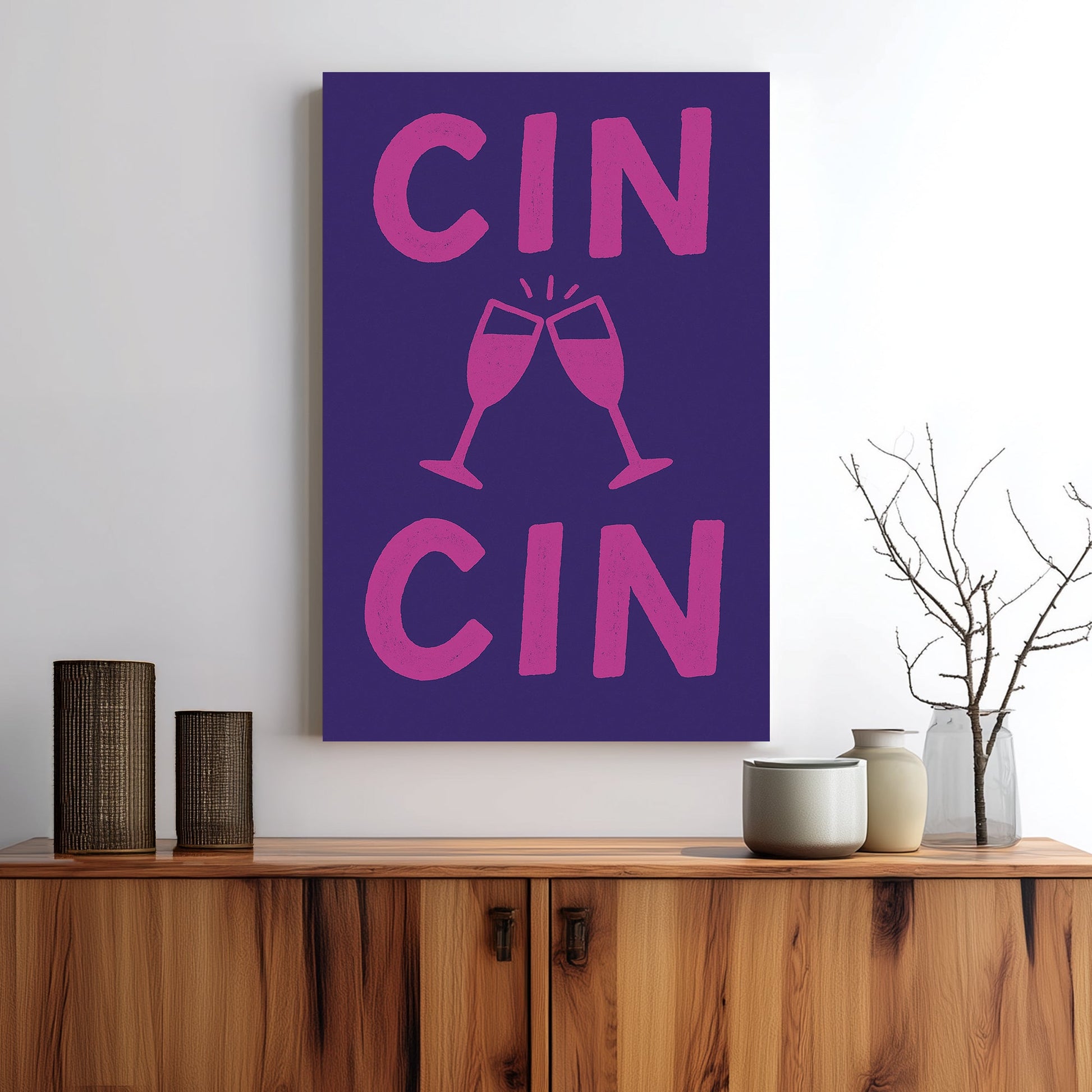 Cin Cin toast wall art with clinking glasses in pink and navy