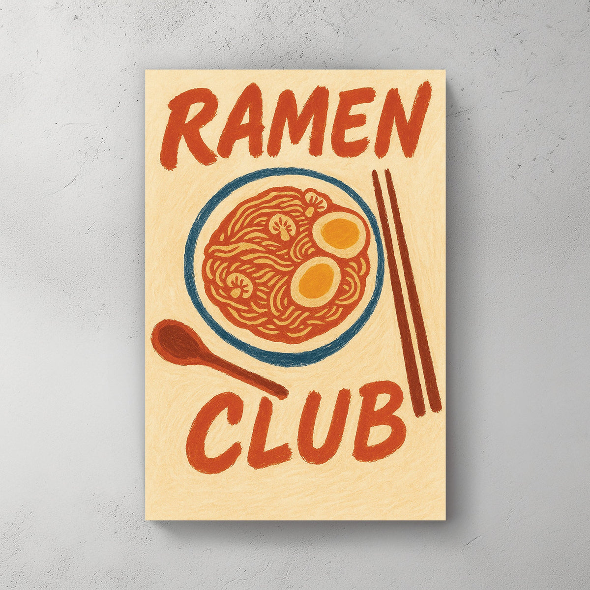 ramen noodle bowl wall art with chopsticks and vintage-style lettering