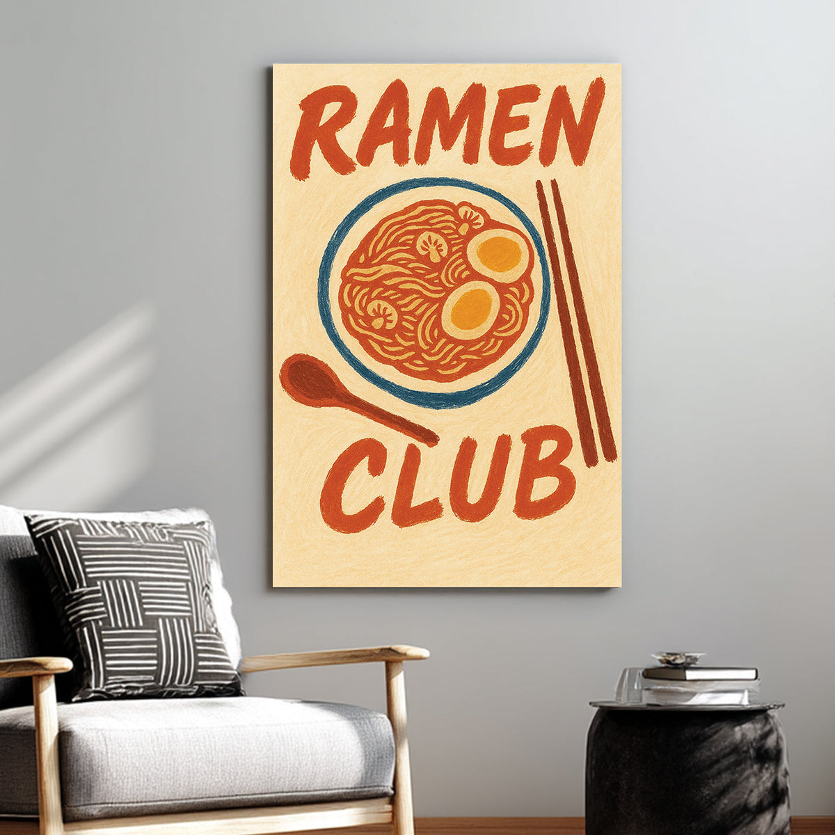 ramen noodle bowl wall art with chopsticks and vintage-style lettering