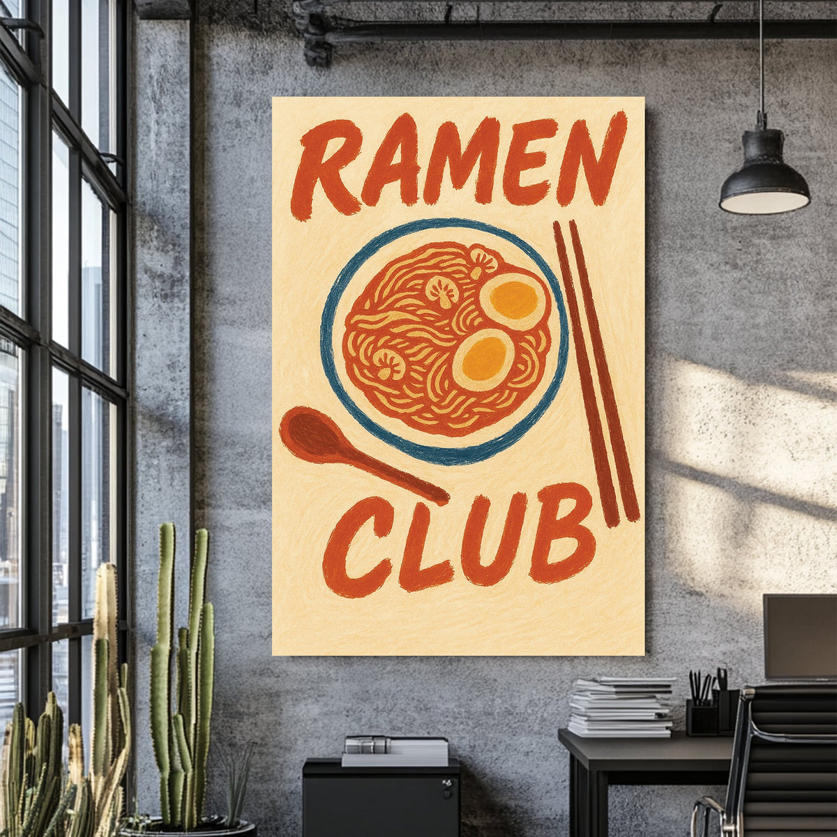ramen noodle bowl wall art with chopsticks and vintage-style lettering