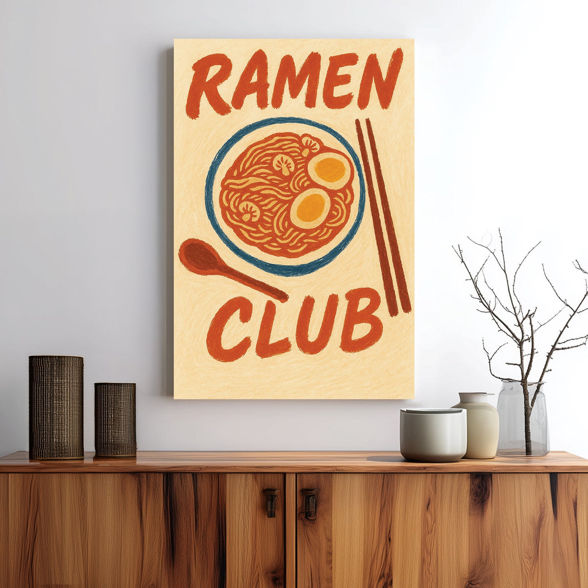 ramen noodle bowl wall art with chopsticks and vintage-style lettering