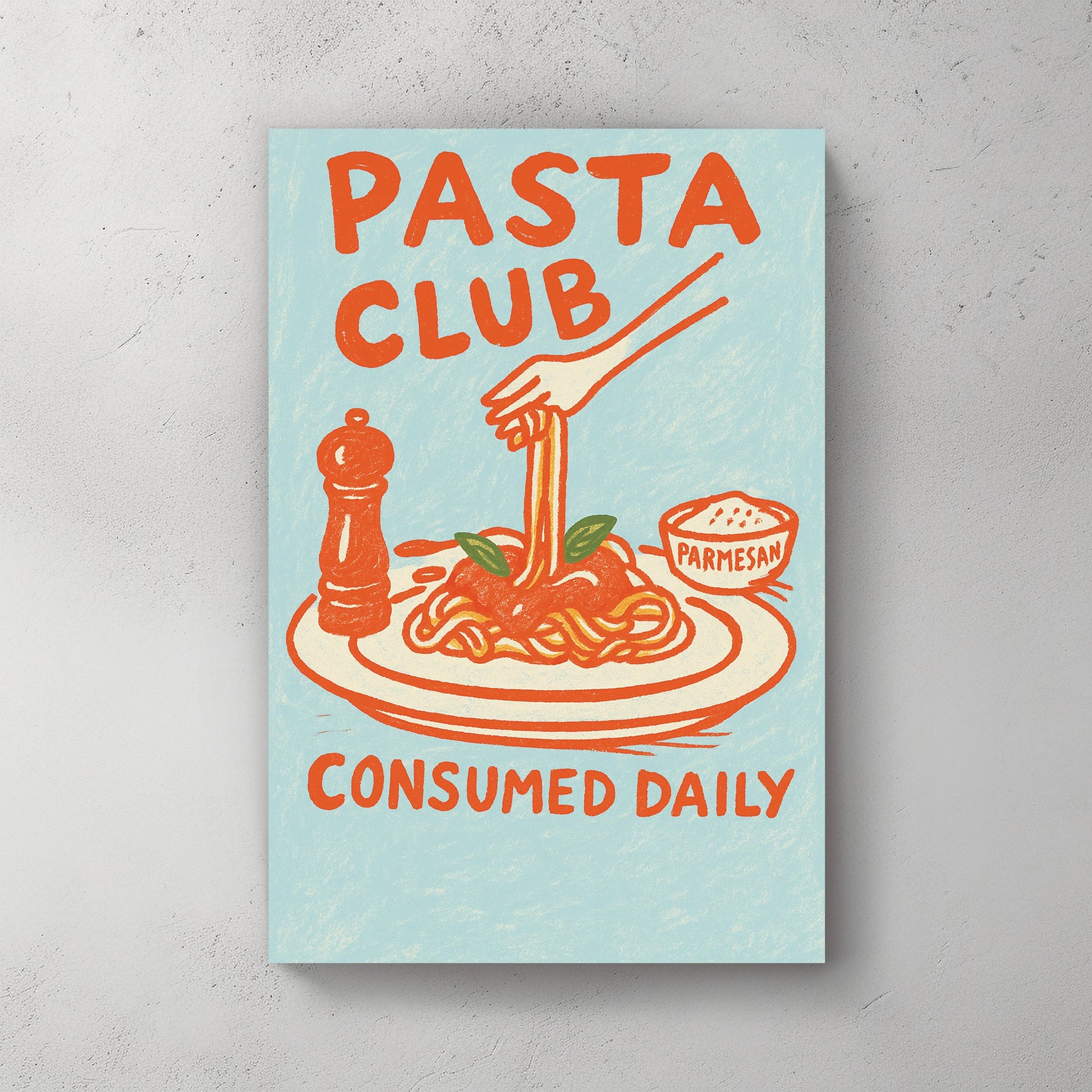 pasta-themed wall art with plate of spaghetti and hand-drawn retro text