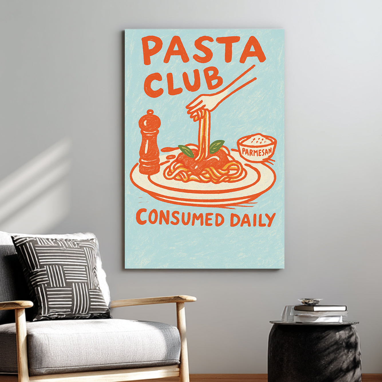 pasta-themed wall art with plate of spaghetti and hand-drawn retro text