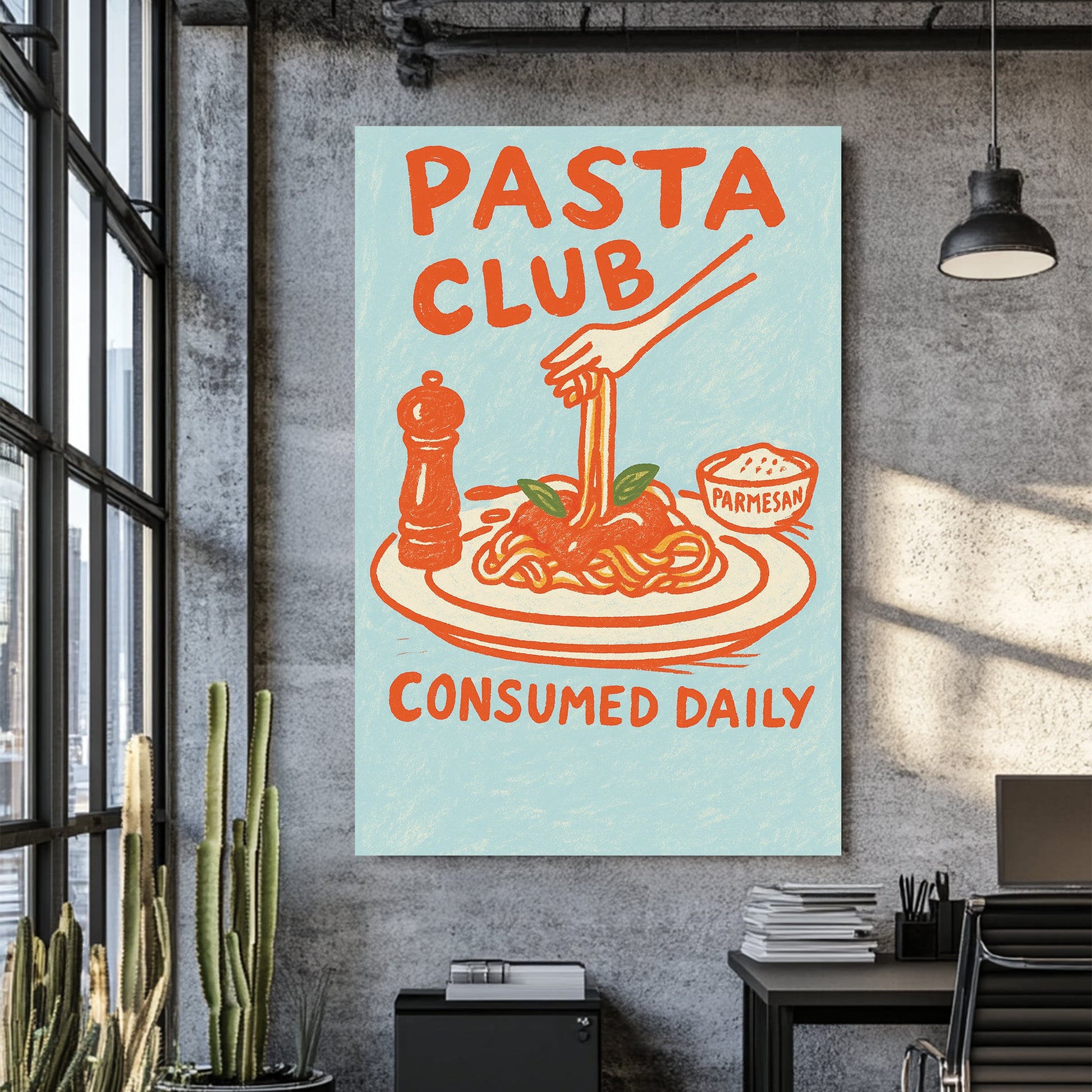 pasta-themed wall art with plate of spaghetti and hand-drawn retro text