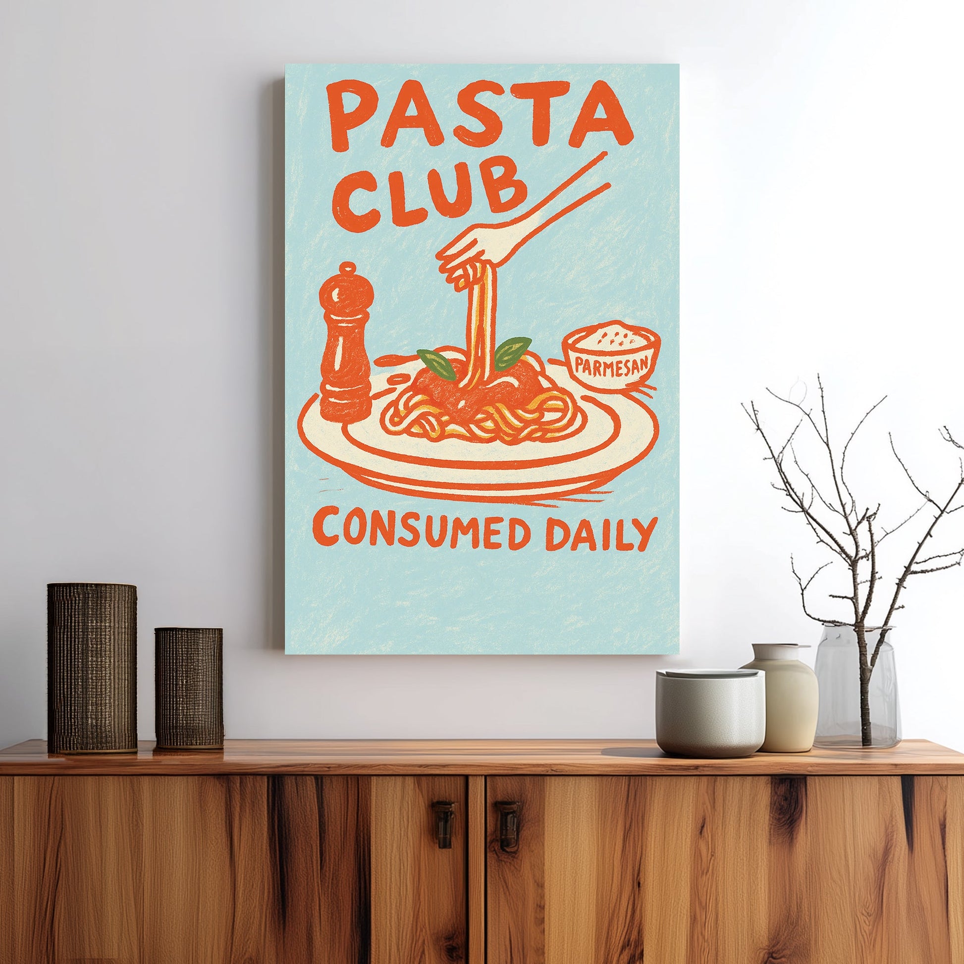 pasta-themed wall art with plate of spaghetti and hand-drawn retro text