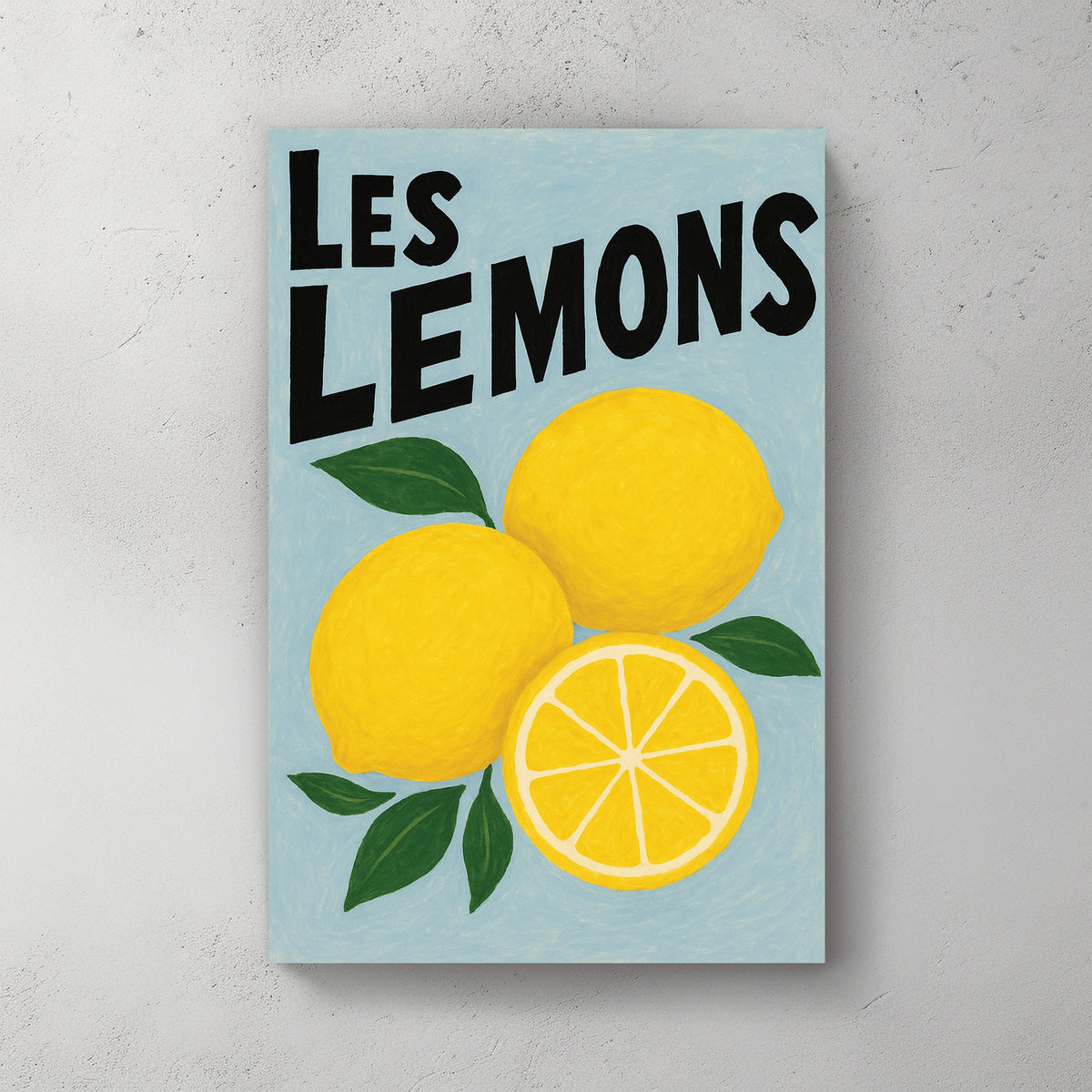 lemon-themed wall art with hand-drawn fruit and playful French text